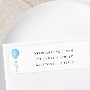 Blå Ballong Eukalyptus Baby Shower Returadress Etikett