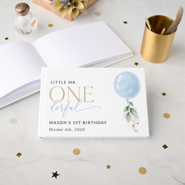 Blå ballong, eukalyptus, Greenery, första födelsed Gästböcker (Framsida öppen)