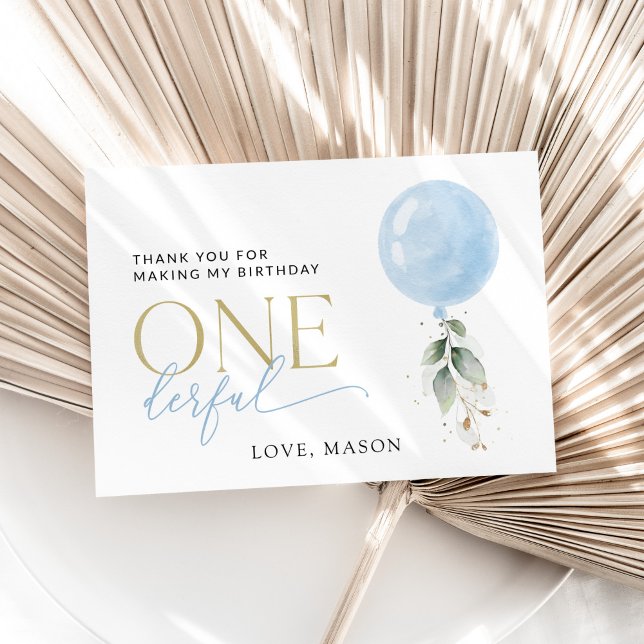 Blå ballong, eukalyptus, Greenery, första födelsed Tack Kort (Skapare uppladdad)