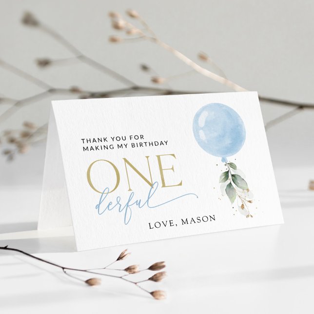 Blå ballong, eukalyptus, Greenery, första födelsed Tack Kort (Skapare uppladdad)