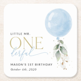 Blå ballong, eukalyptus, Greenery, första födelsed Underlägg Papper Kvadrat