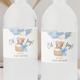Blå ballong för Cute Nalle | Boy Baby Shower Vattenflaskor Etikett