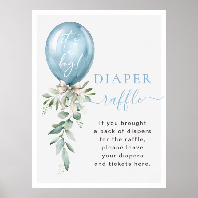 Blå ballong Greenery Baby Shower Raffle Poster (Framsidan)