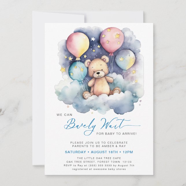 Blå ballong vi kan barly Wait Boy Baby Shower Inbjudningar (Framsida)