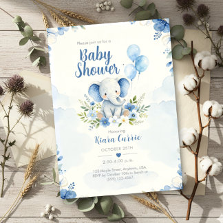 Blå ballongblomma elefant baby shower inbjudningar