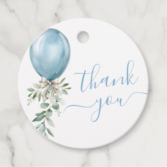 Blå ballongen Bow Greenery Baby Shower Tack Gåvor Etiketter (Framsida)