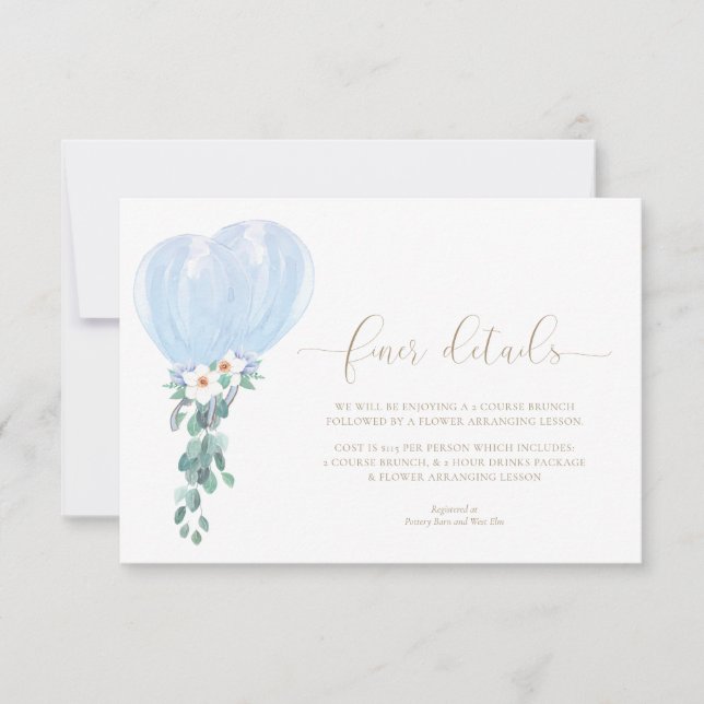 Blå ballonger baby shower detaljerad informationsk inbjudningar (Framsida)
