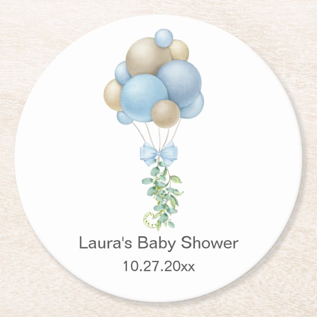 Blå ballonger Baby Shower Underlägg Papper Rund (Framsidan)