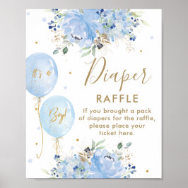 Blå ballonger Blommigt Baby Shower Diaper Raffle Poster