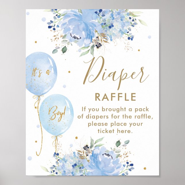 Blå ballonger Blommigt Baby Shower Diaper Raffle Poster (Framsidan)