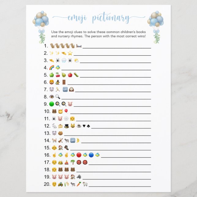 Blå Ballonger Emoji Böcker Baby Shower Lek (Framsida)