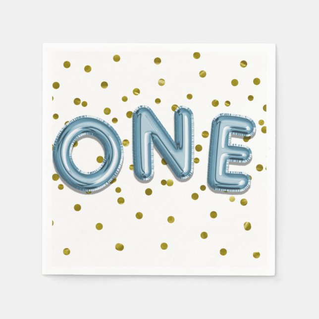 Blå Ballonger Guld Konfetti ONE 1-års Födelsedagsf Pappersservett (Framsidan)