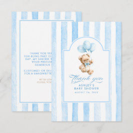 Blå ballonger och teddybjörn baby shower tack kort