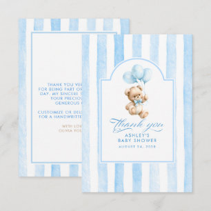 Blå ballonger och teddybjörn baby shower tack kort