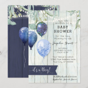 Blå ballonger Rustic Wood Boy Shower Inbjudningar