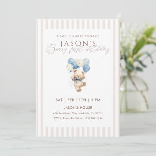 Blå ballonger Teddybjörn 1-årsdag Inbjudningar