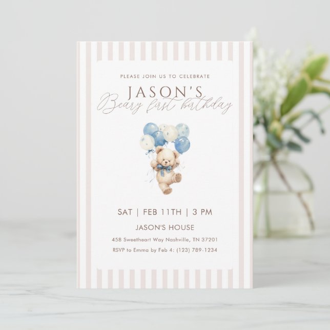 Blå ballonger Teddybjörn 1-årsdag Inbjudningar (Stående Fram)
