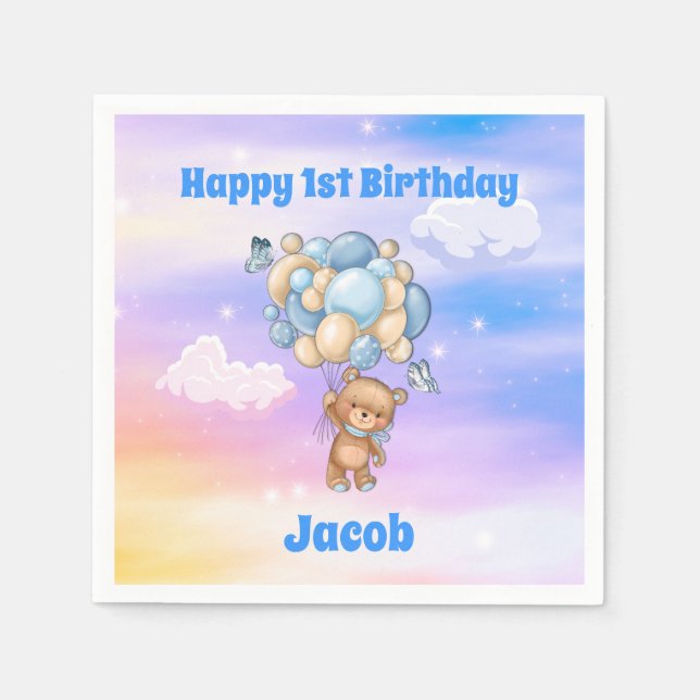 Blå ballonger Teddybjörn 1-årsdag Pappersservett (Framsidan)