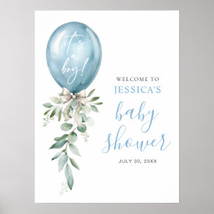 Blå ballonggrönska Baby Shower Välkommen Poster