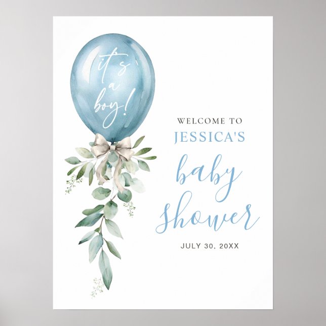 Blå ballonggrönska Baby Shower Välkommen Poster (Framsidan)