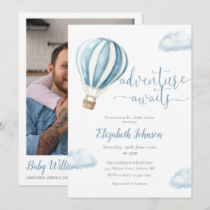 Blå ballongpojke QR-kod foto baby shower Inbjudningar
