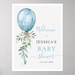 Blå ballongslöja grönska baby shower välkommen poster