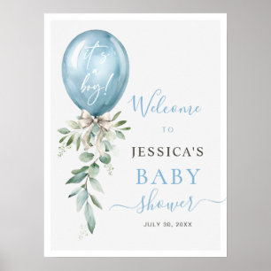 Blå ballongslöja grönska baby shower välkommen poster
