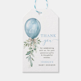 Blå ballongslöja grönt baby shower tack presentetikett