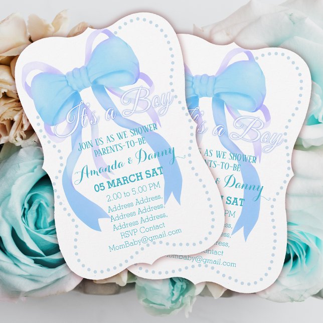 Blå band baby pojke shower  julkort (Blue Ribbon Baby Shower Invitation Card.)