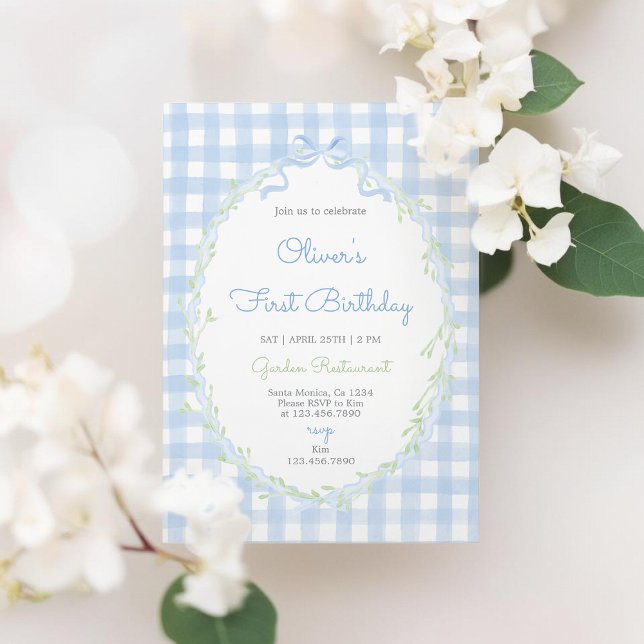 Blå Band Blommig Födelsedag Pojke Blå Gingham Inbjudningar (Skapare uppladdad)