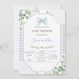 Blå band girlang grönska pojke baby shower inbjudningar