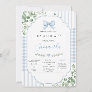 Blå band girlang grönska pojke baby shower inbjudningar