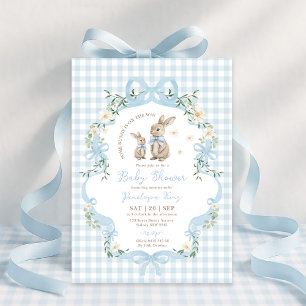 Blå band-kanin randig blommig pojke baby shower inbjudningar