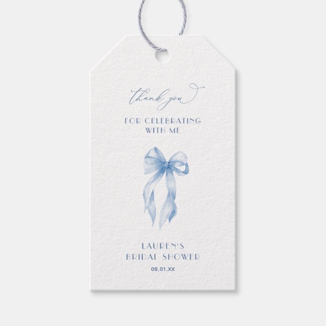 Blå band knyter knuten bröllopsfest tack presentetikett (Framsidan)
