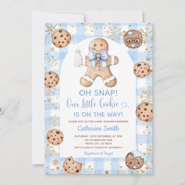 Blå band pepparkak jul baby shower rutig inbjudningar (Framsida)
