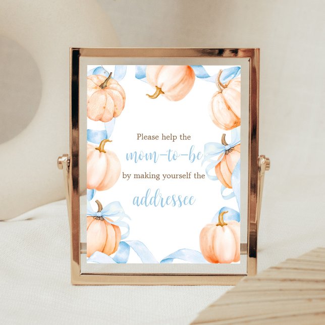 Blå Band Pumpa Baby Shower Kuvert Station skylt (Boy Bow Pumpkin Baby Shower Envelope Station Sign)