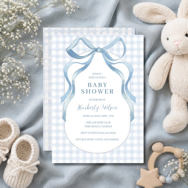 Blå Band Slöja Rutig Bebis Bjudan  Inbjudningar (Blue Ribbon Bow Gingham Baby Shower Invitation)