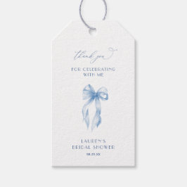 Blå band som knyter knuten bröllopsdusch tack presentetikett