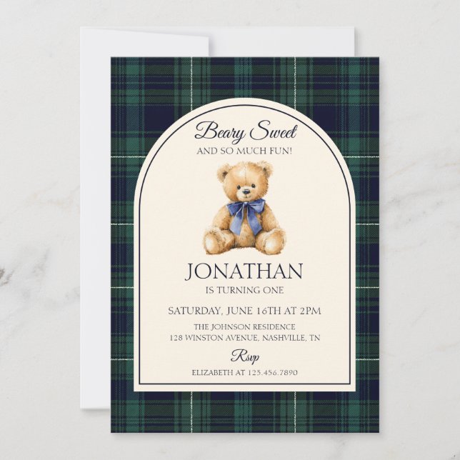 Blå band teddybjörn tartan födelsedag inbjudningar (Framsida)