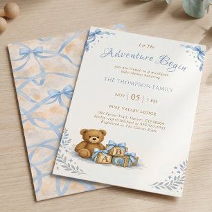 Blå band vattenfärg nallebabyshower inbjudningar