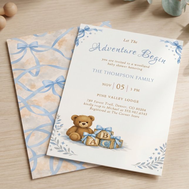 Blå band vattenfärg nallebabyshower inbjudningar (Blue Bow Watercolor Teddy Bear Baby Shower Invitation)