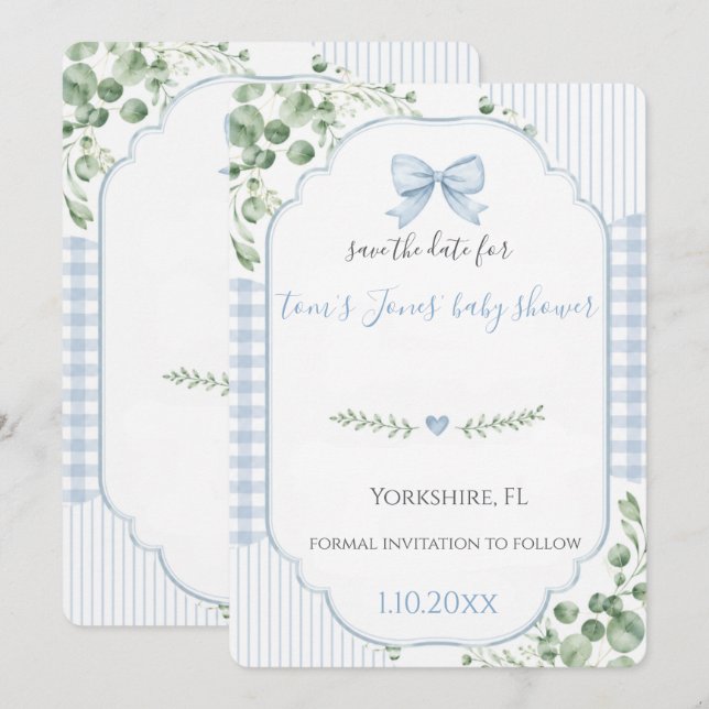Blå bandgavott Baby Shower Spara datumet (Fram/baksida)