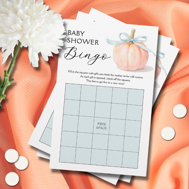 Blå bandpumpa Baby Shower Bingo-spel (Blue ribbon and bow pumpkin boy baby shower bingo game cards)
