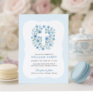 Blå baptism Inbjudan med böjd Ram-design