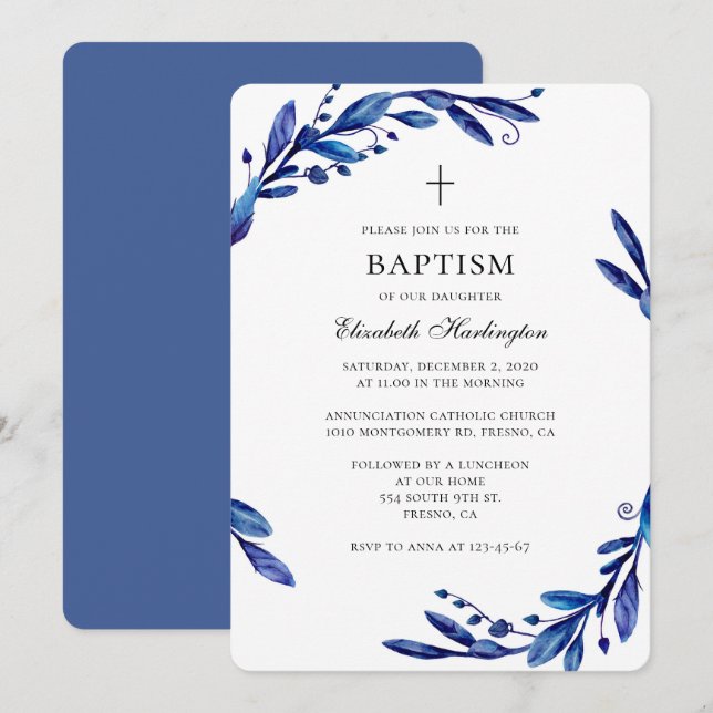 Blå baptisminbjudan. Vattentärsfärg botaniskt Inbjudningar (Fram/baksida)