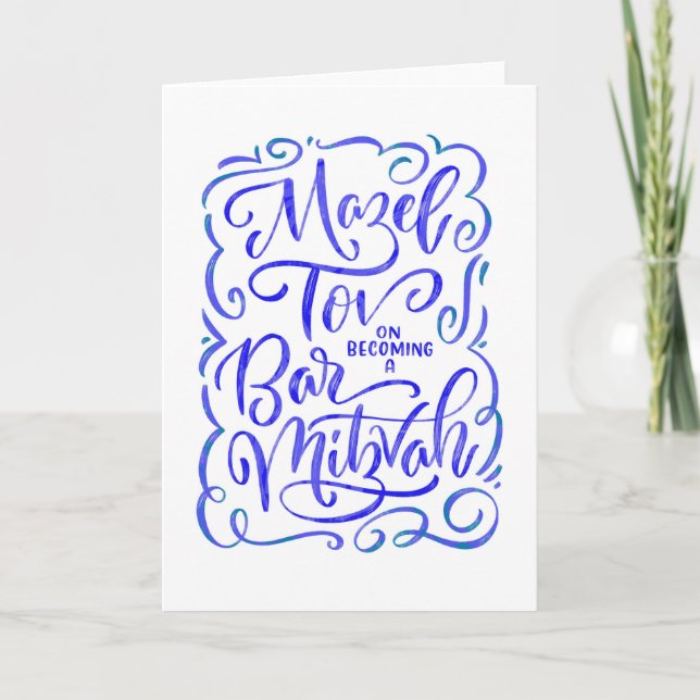 Blå Bar Mitzvah Handritat Grattiskort Kort (Framsida)