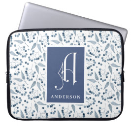 Blå bär och blad mönster Monogram, efternamn Laptop Fodral