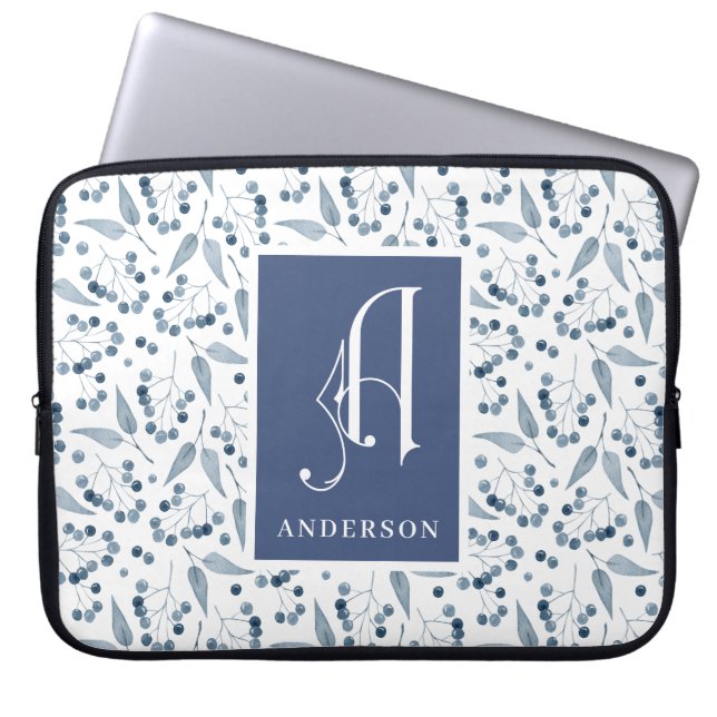 Blå bär och blad mönster  Monogram, efternamn  Laptop Fodral (Framsidan)