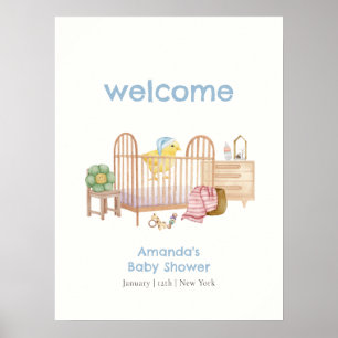 Blå barnkammardetaljer Kyckling Baby Shower Välkom Poster