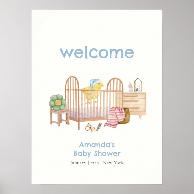 Blå barnkammardetaljer Kyckling Baby Shower Välkom Poster (Framsidan)